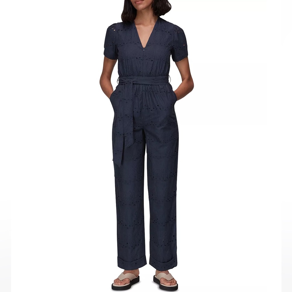 NWOT Whistles Zoe Eyelet Jumpsuit Navy Blue Front Zip Sz Small $279 - Picture 1 of 12